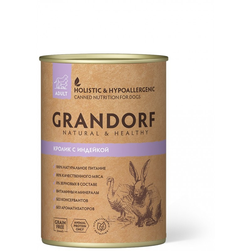 Grandorf влажный корм для взрослых собак всех пород, кролик и индейка в желе