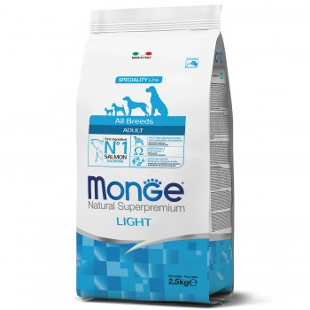 MONGE низкокалорийный монобелковый корм для собак с избыточным весом, лосось, рис, 2.5 кг