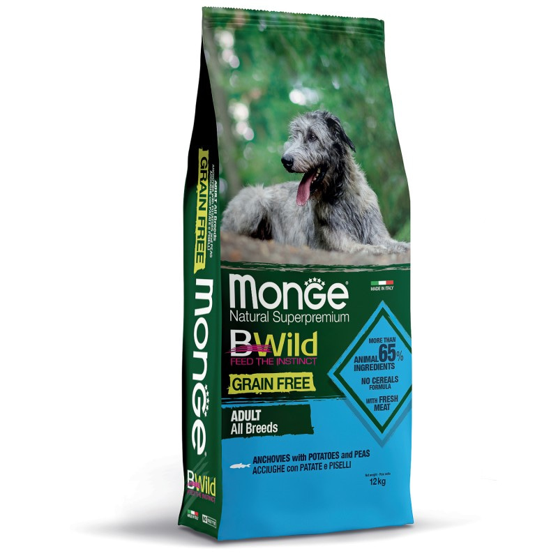 Сухой беззерновой корм Monge Dog BWild GRAIN FREE All Breeds Adult Acciughe из анчоуса с картофелем и горохом для взрослых собак всех пород 12 кг