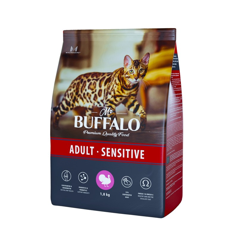 Сухой корм Mr. Buffalo ADULT SENSITIVE с индейкой для взрослых кошек и котов с чувствительным пищеварением или привередливых в еде 1.8 кг
