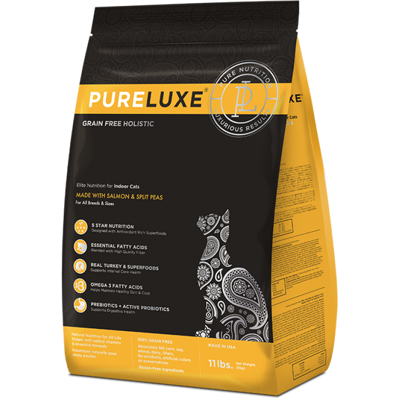 Сухой беззерновой холистик корм PureLUXE для домашних кошек с лососем и горошком – Элитное Питание для городских питомцев 400 гр