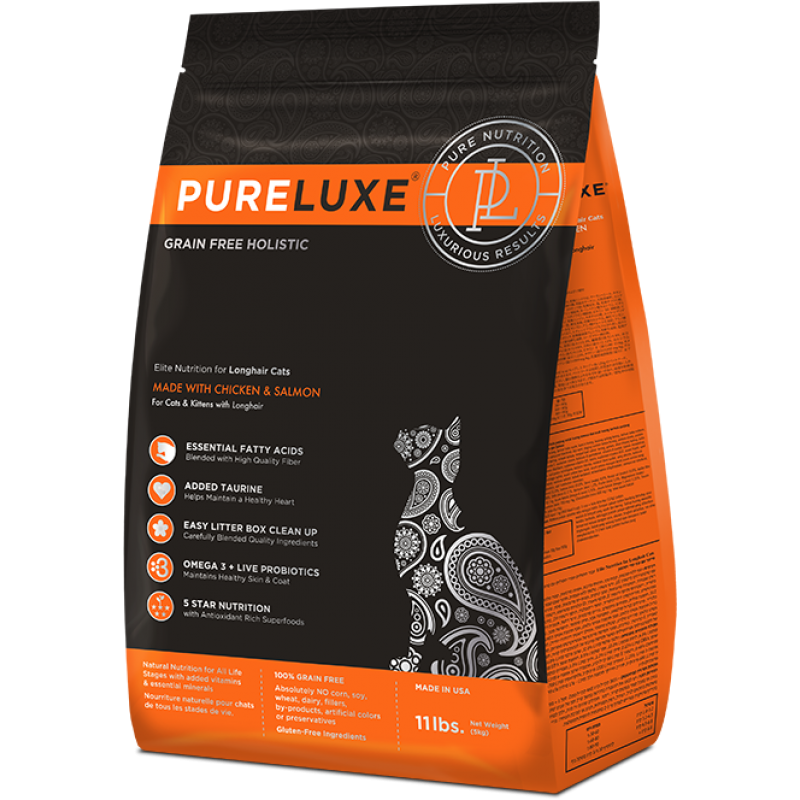 Сухой беззерновой холистик корм PureLUXE для длинношерстных кошек с курицей и лососем – Элитное Питание для городских питомцев 400 гр