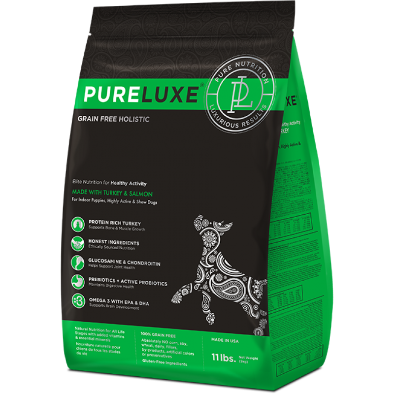 Сухой беззерновой холистик корм PureLUXE для активных собак с индейкой и лососем – Элитное Питание для городских питомцев 400 гр