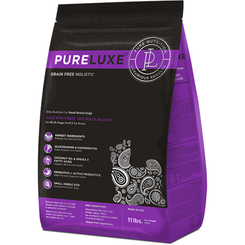 Сухой беззерновой холистик корм PureLUXE для собак мелких пород с индейкой, горошком и лососем – Элитное Питание для городских питомцев 5 кг