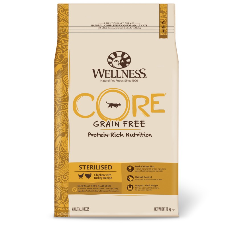 Сухой Беззерновой корм Wellness CORE Adult Cat STERILISED Chicken & Turkey Grain free из курицы с индейкой для стерилизованных кошек и кастрированных котов 10 кг