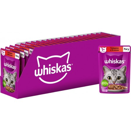 WHISKAS консервы для кошек, рагу с говядиной и ягненком, 75г