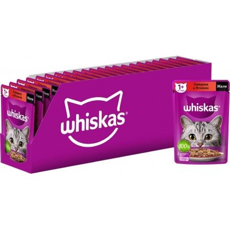 WHISKAS консервы для кошек, желе с говядиной и ягненком, 75г