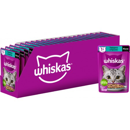 WHISKAS консервы для кошек, желе с говядиной и кроликом, 75г