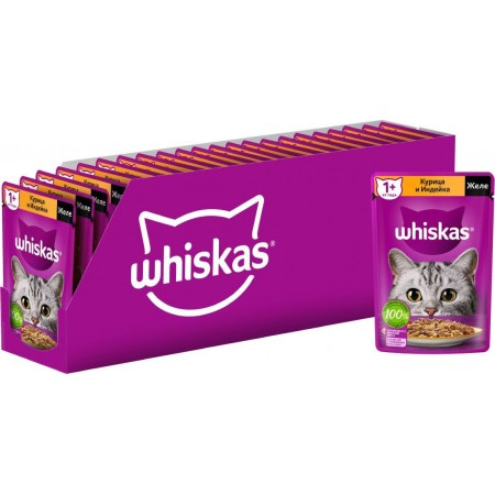 WHISKAS консервы для кошек, желе с курицей и индейкой, 75г