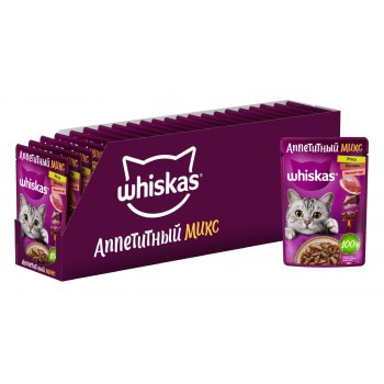 Whiskas «Аппетитный микс» для взрослых кошек, с уткой и печенью в мясном соусе, 75 г