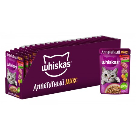 WHISKAS консервы «Аппетитный микс» для кошек с говядиной, языком и овощами в желе, 75г
