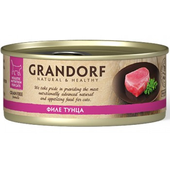 Беззерновые консервы GRANDORF для особо аллергенных кошек всех возрастов, филе тунца в собственном соку, 70 гр