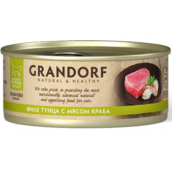 Беззерновые консервы GRANDORF для особо аллергенных кошек всех возрастов, филе тунца с мясом краба в собственном соку 70 гр