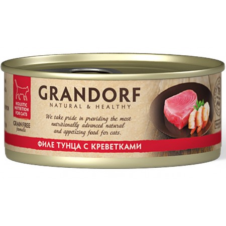 Беззерновые консервы GRANDORF для особо аллергенных кошек всех возрастов, филе тунца с креветками в собственном соку, 70 гр