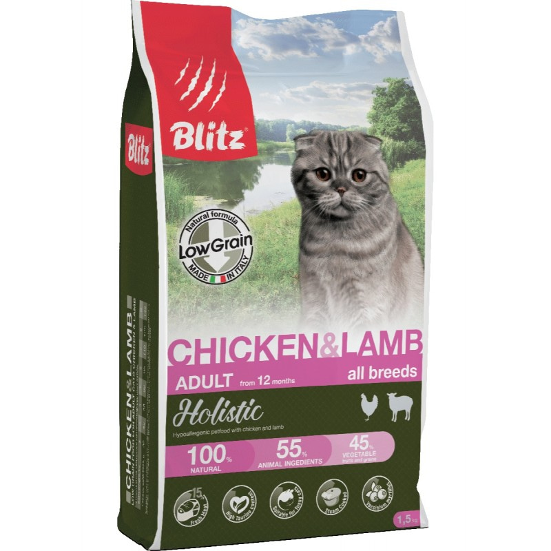 Blitz Holistic КУРИЦА И ЯГНЕНОК — низкозерновой корм для взрослых кошек всех пород 1,5 кг