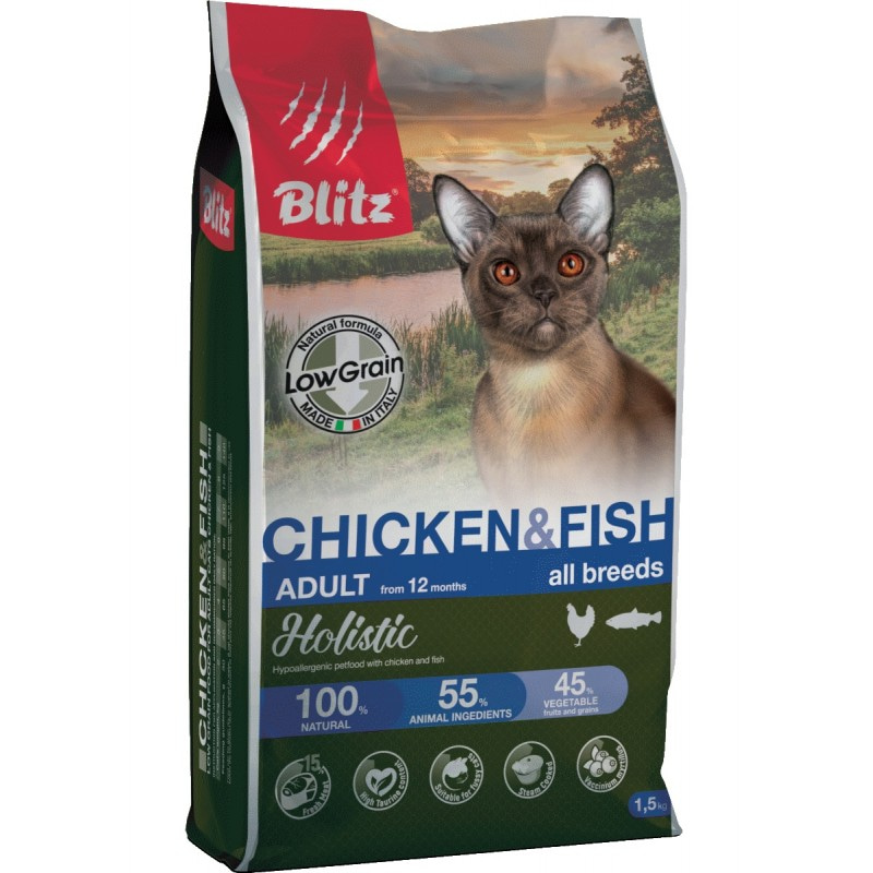 Blitz Holistic Cat Chicken & Fish КУРИЦА И РЫБА — низкозерновой корм для взрослых кошек всех пород 400 гр