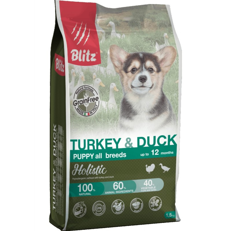 Blitz Holistic ИНДЕЙКА И УТКА — беззерновой сухой корм для щенков всех пород 500 г