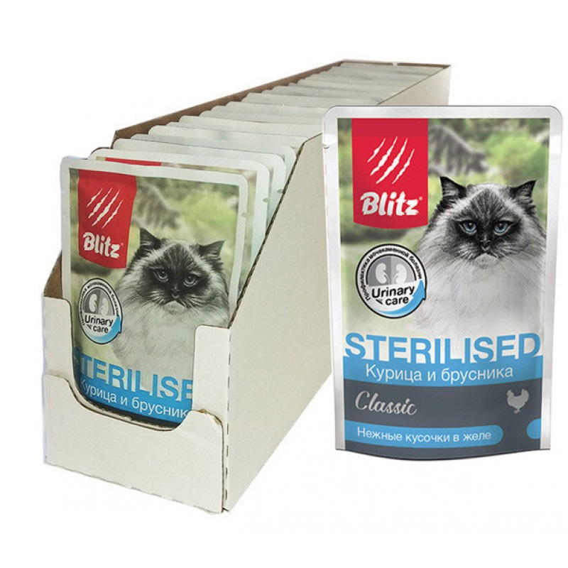 Купить Blitz «Курица и брусника» нежные кусочки в желе консервы для стерилизованных кошек 85 г Blitz в Калиниграде с доставкой (фото)