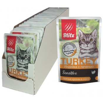 Blitz: влажный корм для взрослых кошек Индейка с печенью нежные кусочки в соусе 85 г