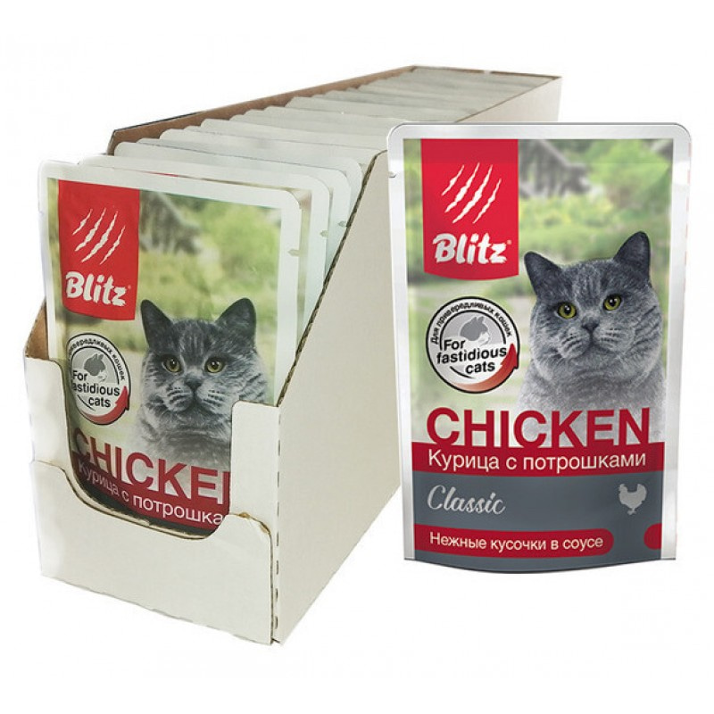 Купить Blitz Classic «Курица с потрошками» нежные кусочки в соусе влажный корм для кошек 85 г Blitz в Калиниграде с доставкой (фото)
