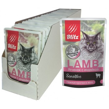 Blitz: влажный корм для взрослых кошек Ягнёнок с индейкой нежные кусочки в желе 85 г