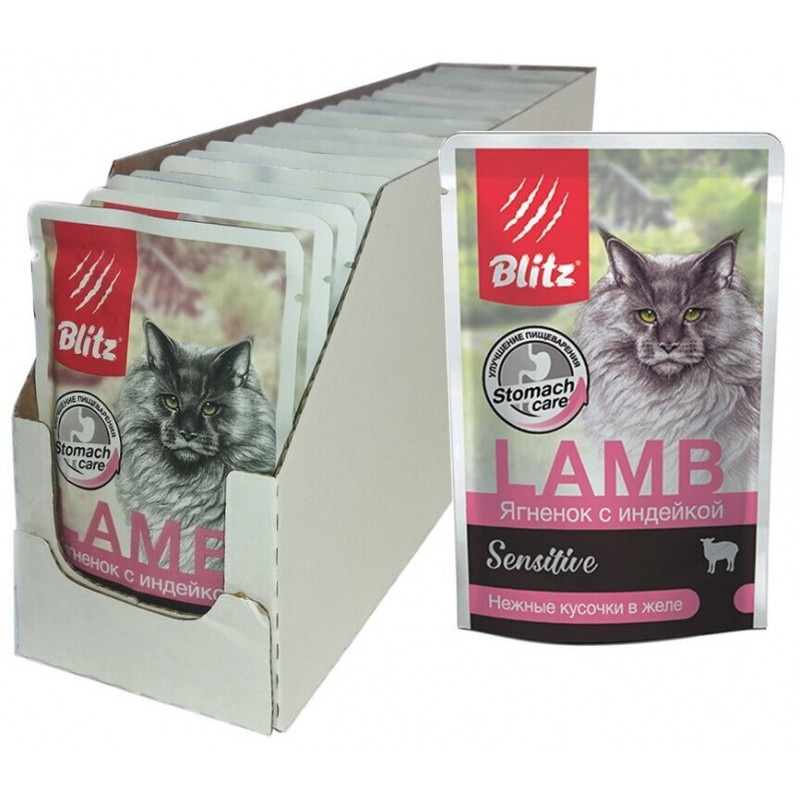 Купить Blitz: влажный корм для взрослых кошек Ягнёнок с индейкой нежные кусочки в желе 85 г Blitz в Калиниграде с доставкой (фото)