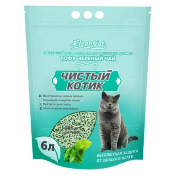 Наполнитель комкующийся Чистый котик ТОФУ зелёный чай, 6 л
