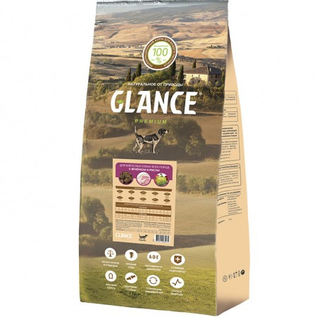 Сухой корм Glance для взрослых собак всех пород с ягнёнком и рисом, 20 кг