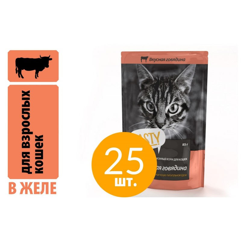 Купить Tasty корм с говядиной в желе для кошек, пауч, 85 г TASTY в Калиниграде с доставкой (фото)