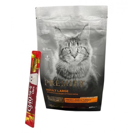 Гипоаллергенный низкозерновой корм Premier с мясом ягненка и индейкой для взрослых кошек крупных пород, 400 гр + ПОДАРОК Inaba Ciao