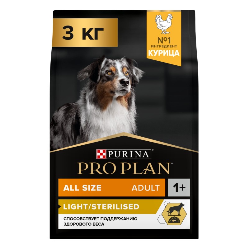 Сухой корм Purina Pro Plan OPTIWEIGHT All Sizes Adult Light для склонных к избыточному весу и/или стерилизованных взрослых собак всех пород с курицей и рисом, 3 кг