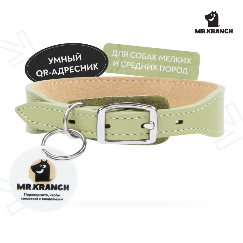 Купить Ошейник Mr.Kranch для собак из натуральной кожи с QR-адресником, 25-30см, нежно-зеленый Mr.Kranch в Калиниграде с доставкой (фото)