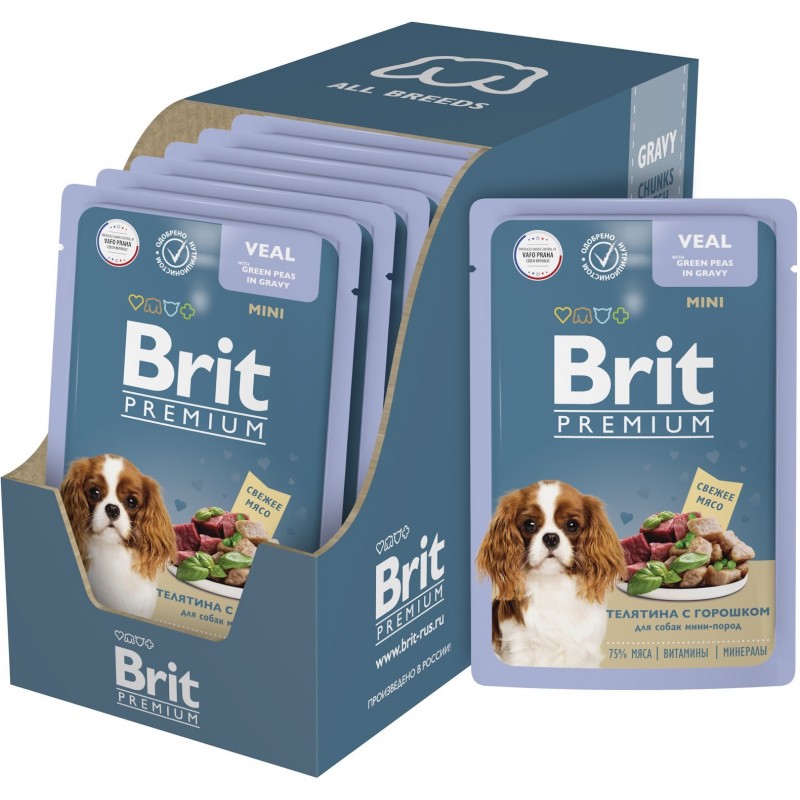 Купить Консервы Brit Premium телятина с зеленым горошком в соусе для взрослых собак мини-пород, 85 гр Brit в Калиниграде с доставкой (фото)