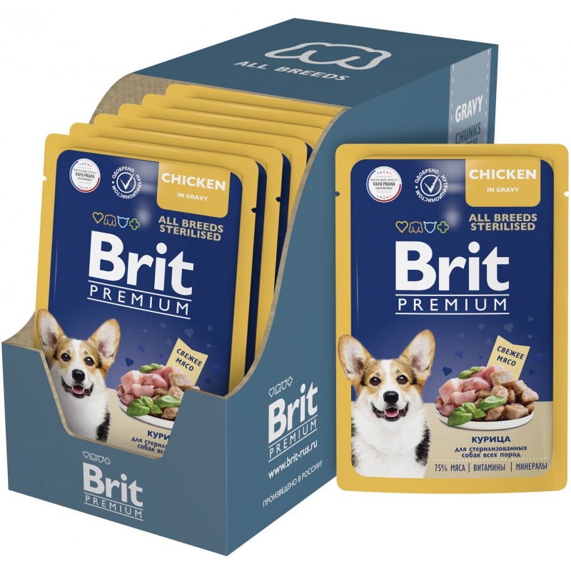Купить Консервы Brit Premium курица в соусе для взрослых стерилизованных собак всех пород, 85 гр Brit в Калиниграде с доставкой (фото)