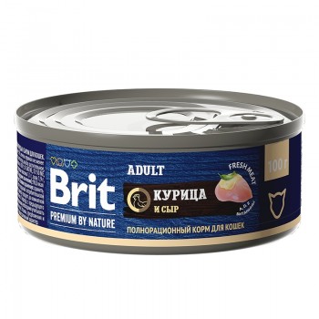 Brit Premium by Nature консервы с мясом курицы и сыром для кошек, 100 гр