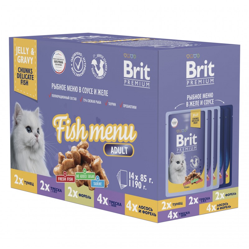 Промопак: Консервы Brit Premium Рыбное меню в соусе и желе для взрослых кошек, 14х85 г