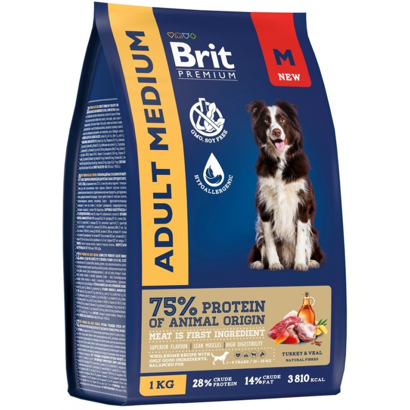 Купить Brit Premium Dog Adult Medium с индейкой и телятиной для взрослых собак средних пород, 1 кг Brit в Калиниграде с доставкой (фото)