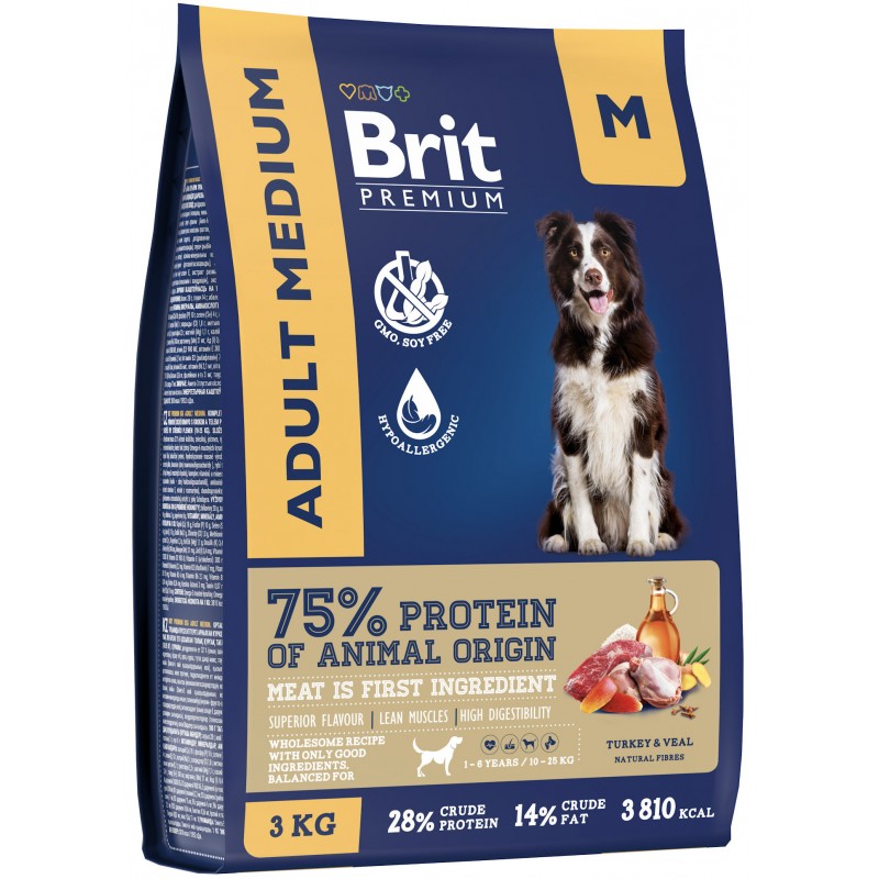Купить Brit Premium Dog Adult Medium с индейкой и телятиной для взрослых собак средних пород, 3 кг Brit в Калиниграде с доставкой (фото)