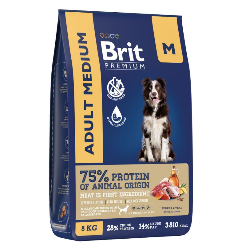 Купить Brit Premium Dog Adult Medium с индейкой и телятиной для взрослых собак средних пород, 8 кг Brit в Калиниграде с доставкой (фото)