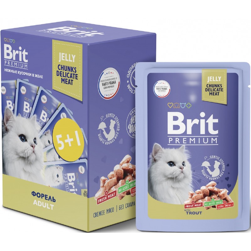 Промопак: Консервы Brit Premium Пауч 5+1 форель в желе для взрослых кошек, 6х85 г
