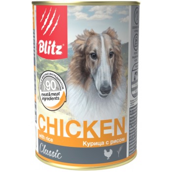 Консервы для собак всех пород и возрастов Blitz Classic, Курица с рисом, 400 г