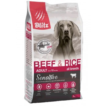 Blitz Sensitive с говядиной и рисом сухой корм для взрослых собак всех пород, 2 кг