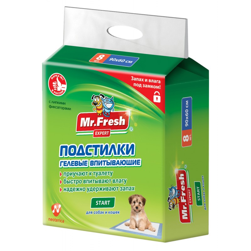 Купить Подстилки Mr.Fresh Expert Start гелевые впитывающие, для собак и кошек, 90х60 см, 8 шт. Mr.Fresh в Калиниграде с доставкой (фото)