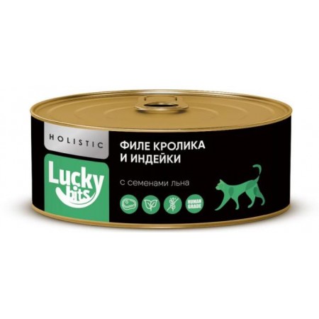 Беззерновые консервы для кошек Lucky bits Holistic филе кролика и индейки с семенами льна, 100 г