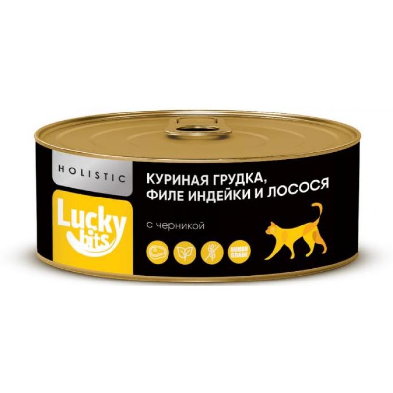 Купить Беззерновые консервы для кошек Lucky bits Holistic куриная грудка, филе индейки и лосося с черникой, 100 г Lucky bits в Калиниграде с доставкой (фото)