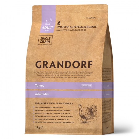 Grandorf гипоаллергенный низкозерновой для собак мини пород от 1 года, индейка с рисом 3 кг
