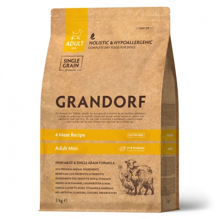 Grandorf 4 вида мяса с бурым рисом и пробиотиками для собак мелких пород 3 кг