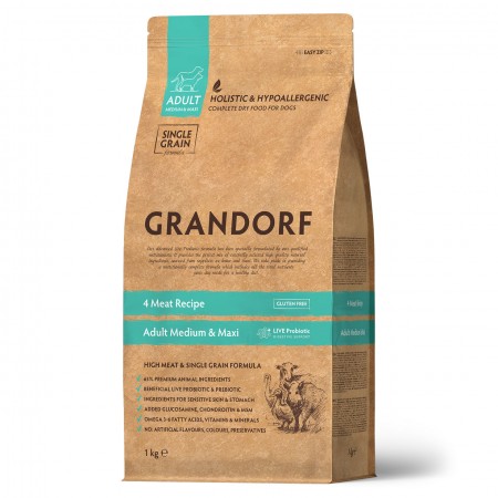 Grandorf низкозерновой корм с пробиотиками для взрослых собак средних и крупных пород, с чувствительным ЖКТ или склонных к аллергии, 4 вида мяса, 1 кг