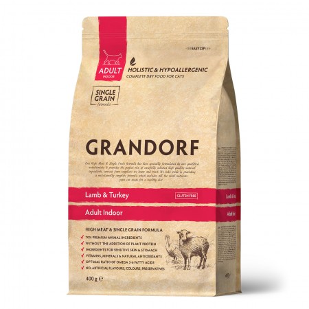 Grandorf низкозерновой корм для взрослых домашних кошек, с чувствительным ЖКТ или склонных к аллергии, ягненок с индейкой, 400 гр