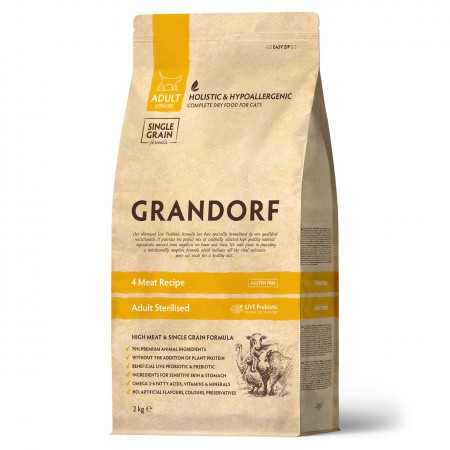 Grandorf низкозерновой корм с пробиотиками для взрослых и пожилых стерилизованных кошек, с чувствительным ЖКТ или склонных к аллергии, 4 вида мяса, 2 кг